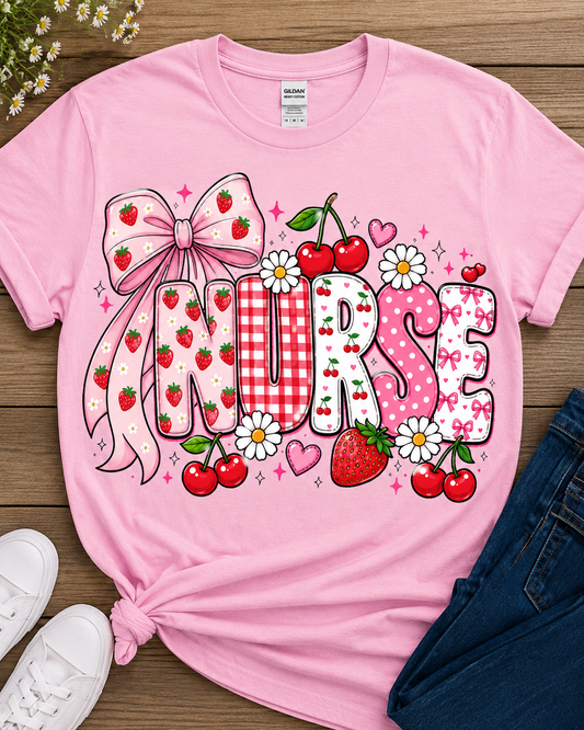 Nurse Strawberry & Cherry Bow T-Shirt | Cute Floral Medical Graphic Tee