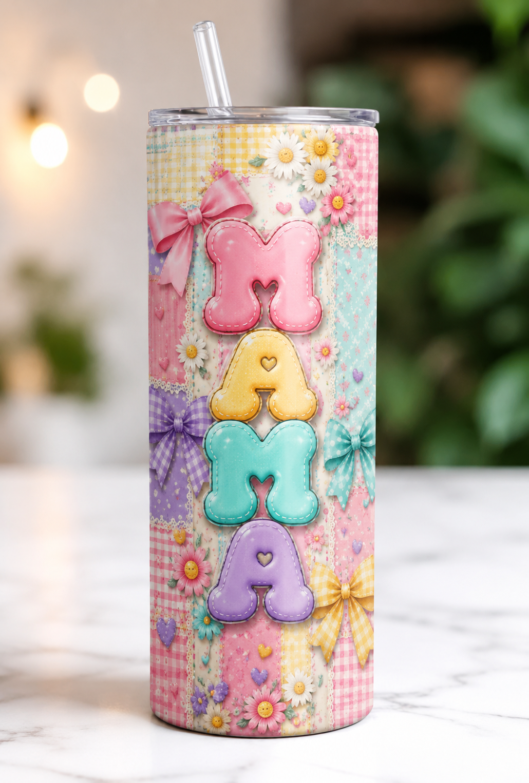 Mama Patchwork Bow Skinny Tumbler