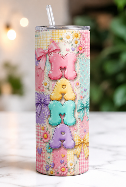 Mama Patchwork Bow Skinny Tumbler