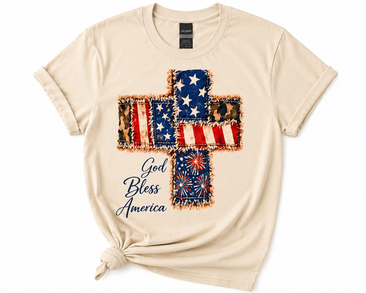 God Bless America Patriotic Cross Graphic T-Shirt